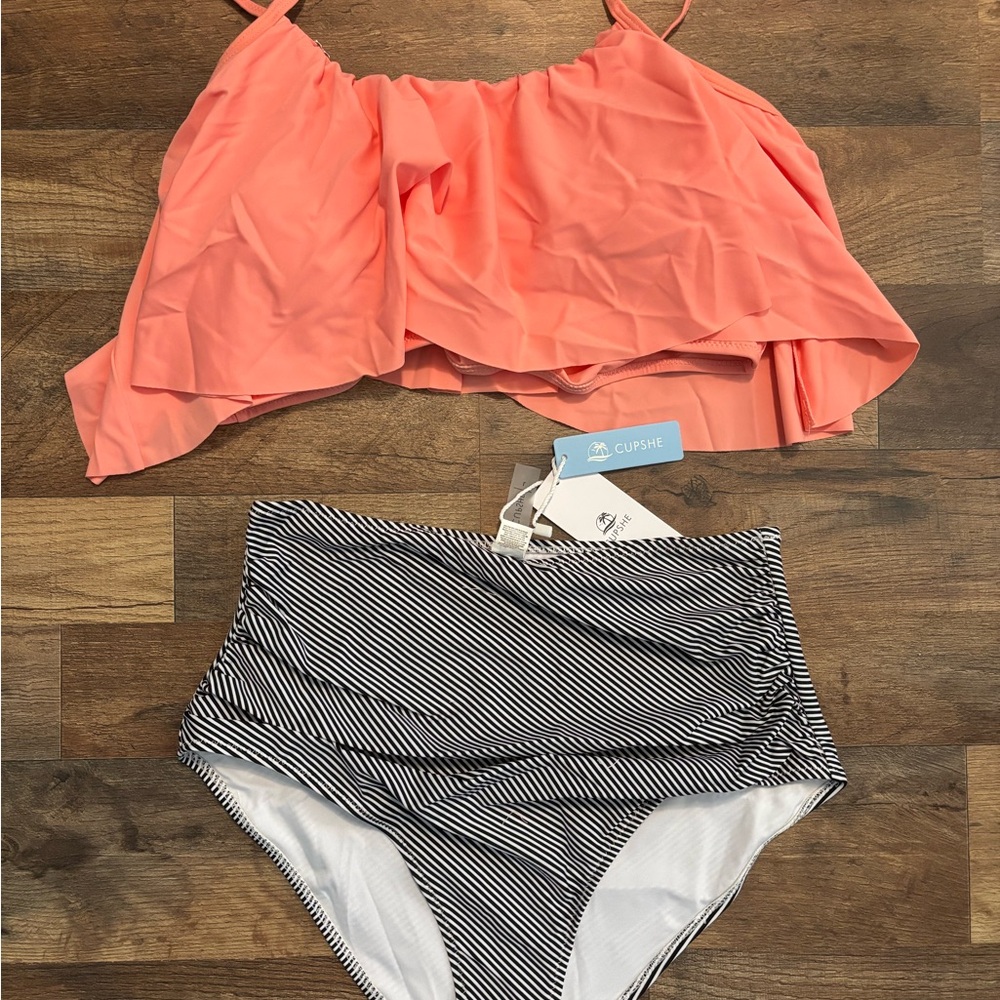 🦓🩰Hot Coral Pink and B&W Striped Bottoms Bikini Set Ruffled Swimwear